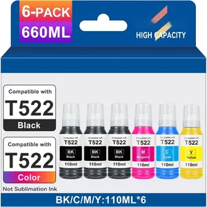 for Epson 522 High Capacity Ink Refill Bottles Use for EcoTank ET-2800 ET-2803 ET-2400 ET-4800 ET-2720 ET-2840 ET-3950 ET-3850 ET-2850 ET-4700 ET-4800 ET-15000 Printer 6 Bottles