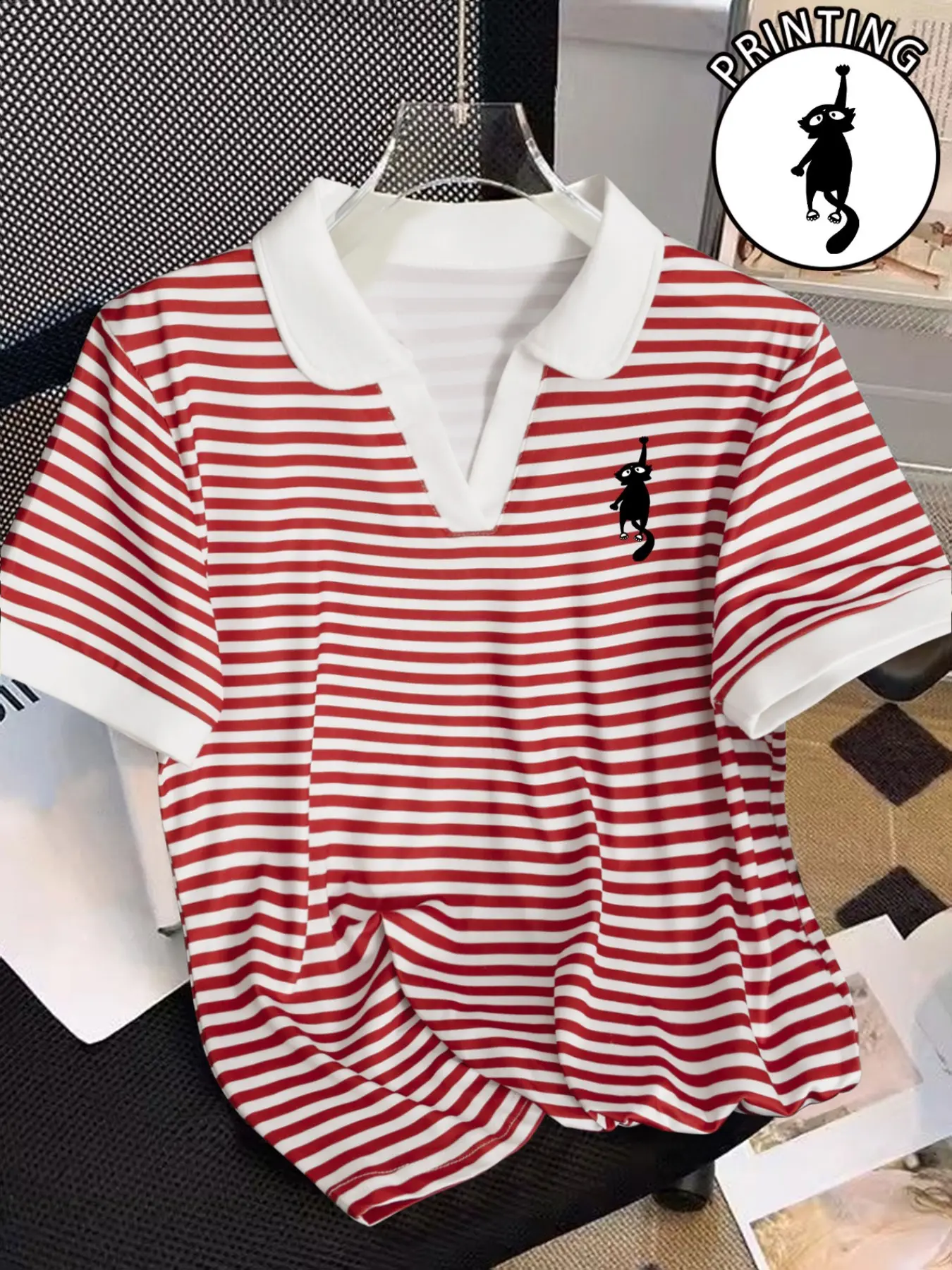 Spring Summer New Stripe Color Block Collar Polo Shirt, Fun Cartoon Cat Print Short Sleeve T-Shirt, Casual Loose Fit Top for Women