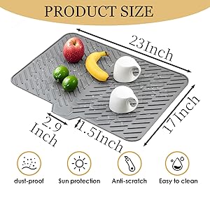Silicone Dish Drying Mat 23x17 Multiple Usage,Easy clean,Eco-friendly,Heat-resistant Silicone Mat Dish Drying Mats For Kitchen Counter or Sink,Refrigerator or Drawer liner Gray 23inchx17inch
