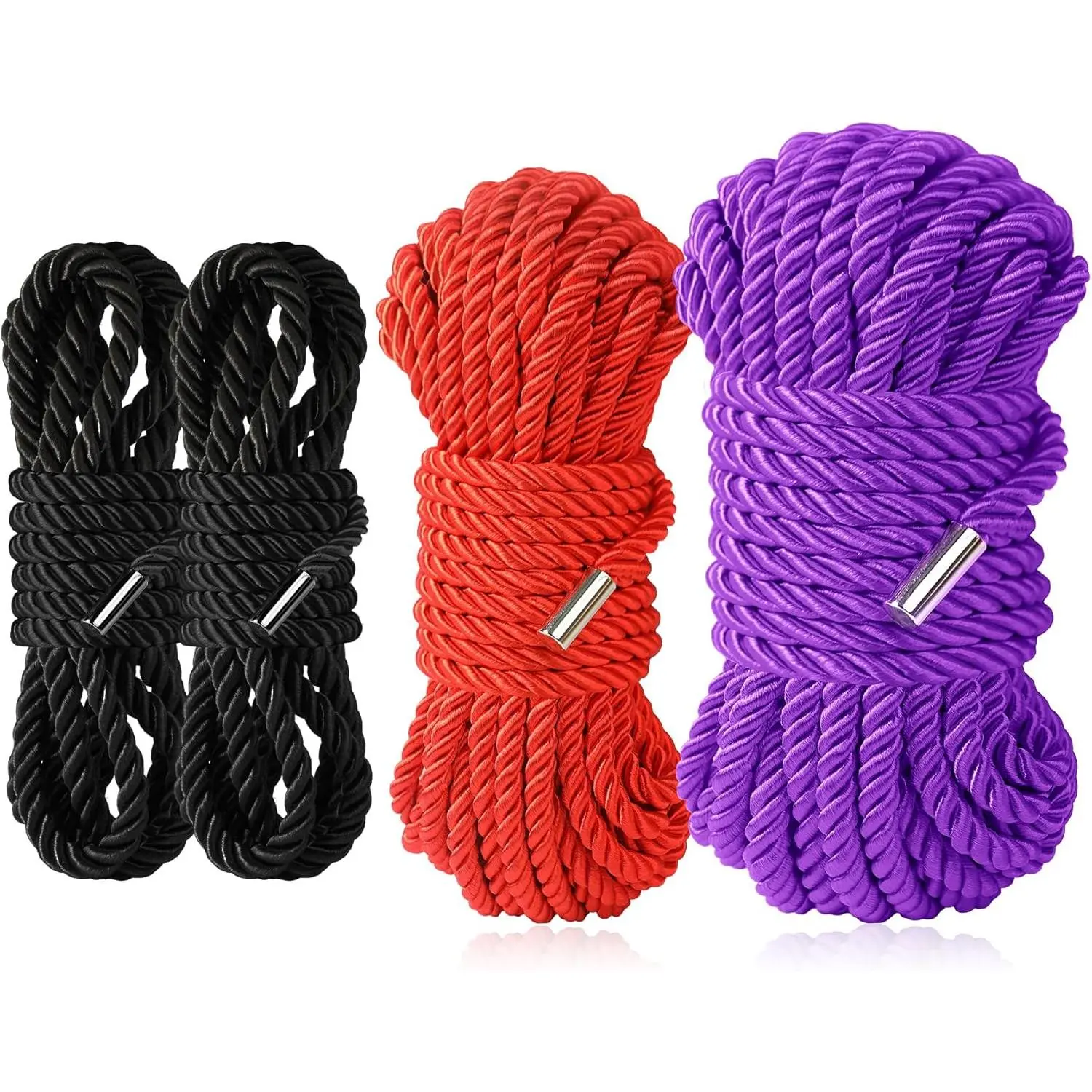 Silk Soft Rope, 32 Feet 8 mm Multipurpose Long Braided Twisted Rope (2x8ft Black+16ft red+32ft Purple)