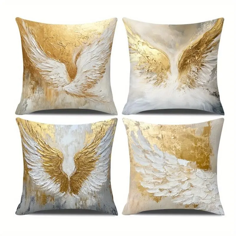 Modern Art Style Pillowcase, Golden and Wing Pattern, 4ps, 18inch, All Seasons, Decorative for Living Room Sofa, Home Decor
