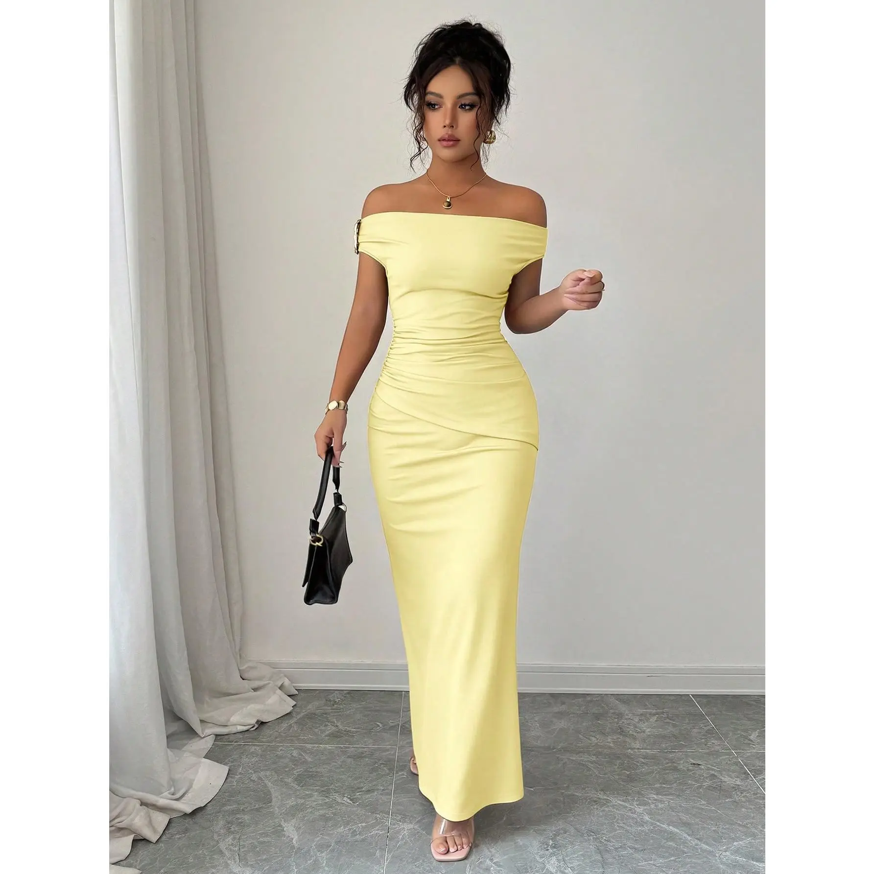 Elegant Ruched Off Shoulder Metallic Accent Formal Wedding Guest Dresses For Women