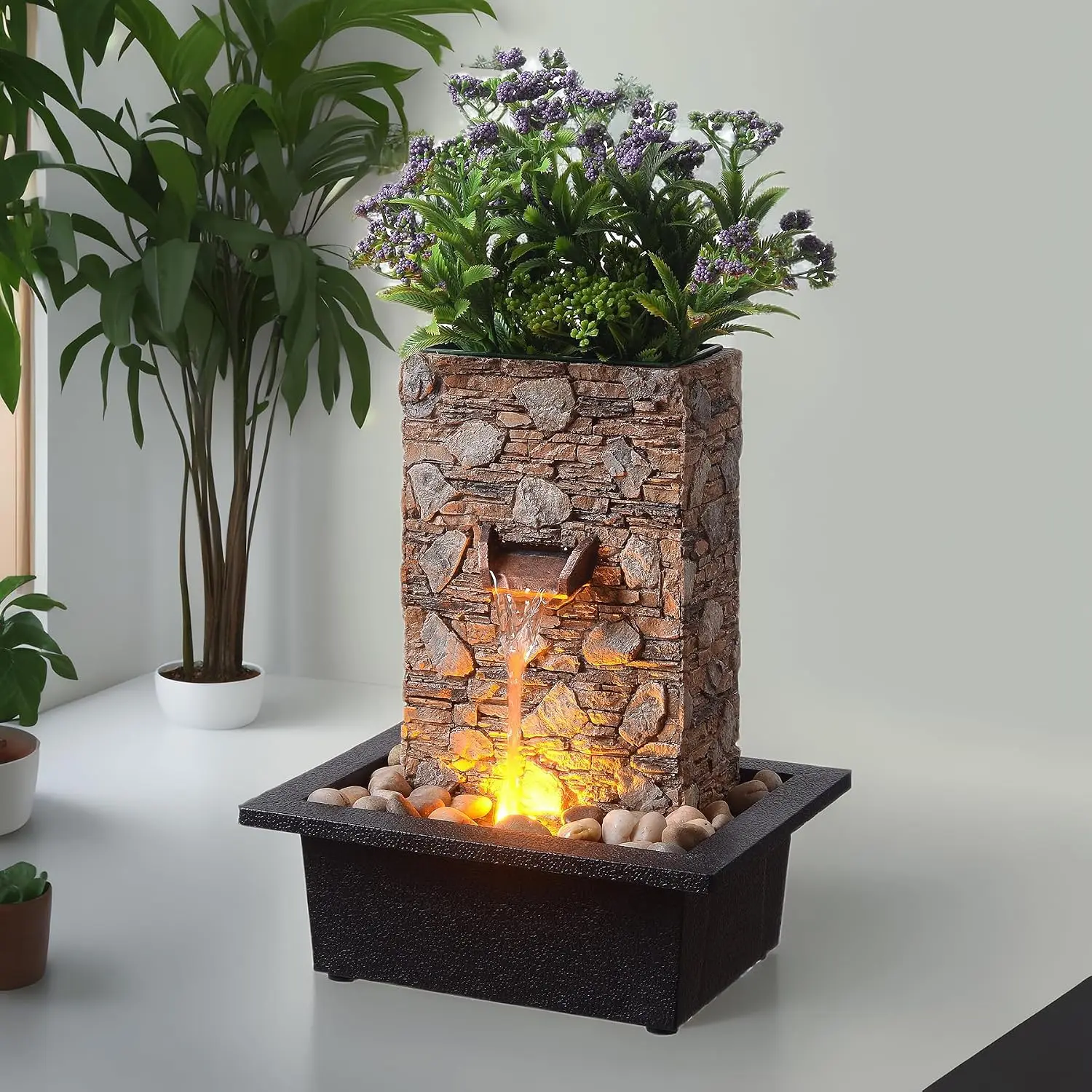 Tabletop Waterfall Fountain, Zen Fountain for  Office Decor with LED Lights, Relaxing Indoor Water Feature with Realistic Stone Look for Meditation(23111)