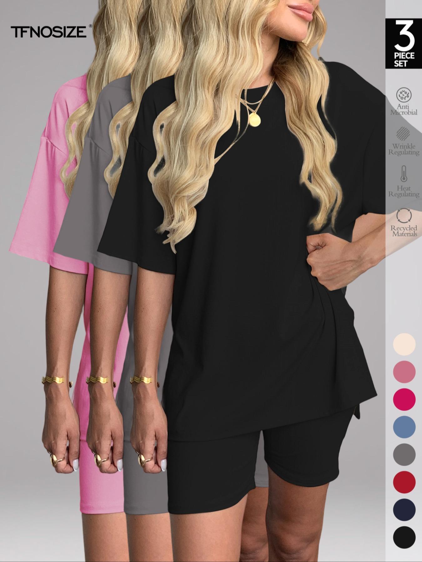 Women's Two Piece Lounge Set Loungewear, 2026 Summer Casual Oversized Shirts & Biker Shorts, Fitted Plain Design, Perfect for Airport Travel