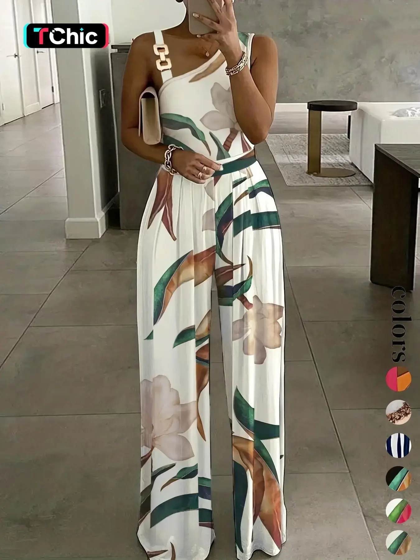 Women's Floral Print Ring Linked Asymmetrical Neck Sleeveless Plicated Slim Fit Jumpsuit, Boho Casual High Waist Wide Leg Jumpsuit for Summer