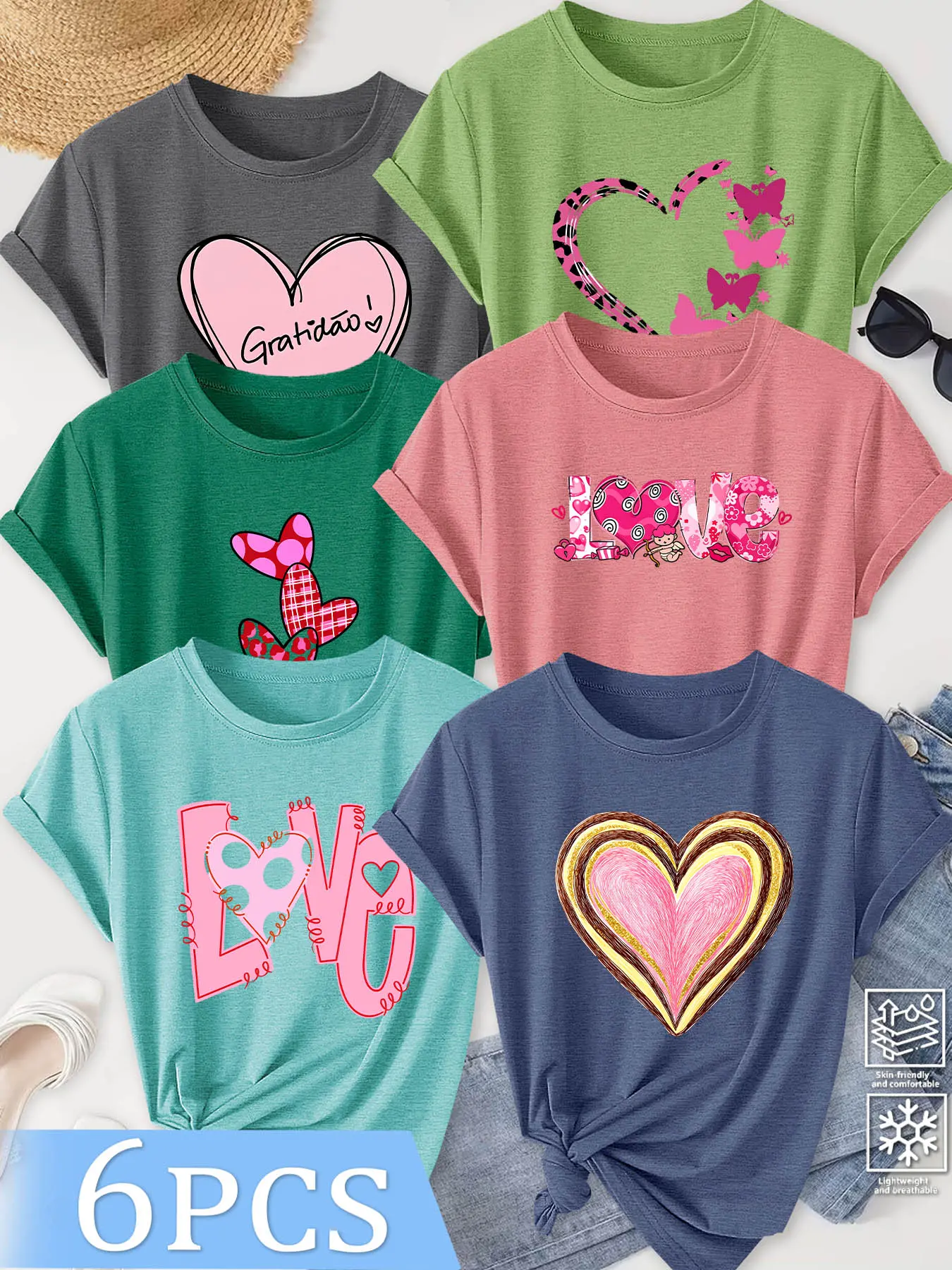 6Pcs Women Crew Neck T-Shirt, Various Hand-drawn Romantic Heart LOVE Print, Multi-color Available, Machine Washable, Soft Skin-friendly Spring Summer Daily Stylish Top