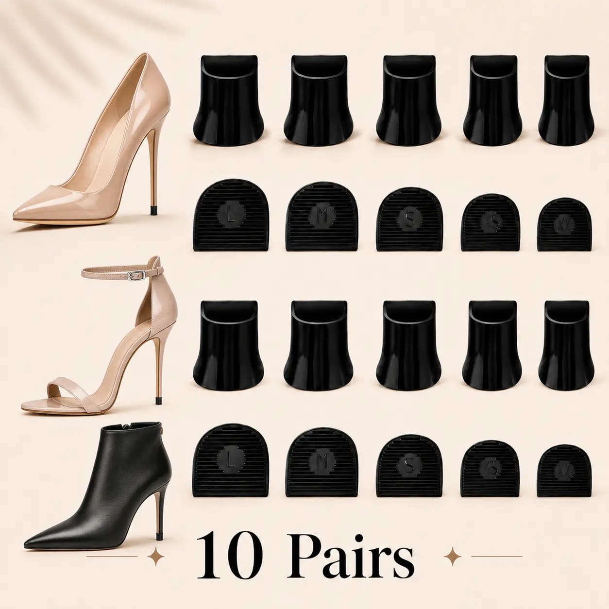Heel Caps for Women's Stilettos (10 Pairs, 5 Sizes), U-Shape Anti-Slip Tip Protectors for Bridal Weddings, Walking on Grass & Outdoor Use, Shoe, Heel Protection, Footwear, Stiletto Guard, Slip-On, Wear-Resistant