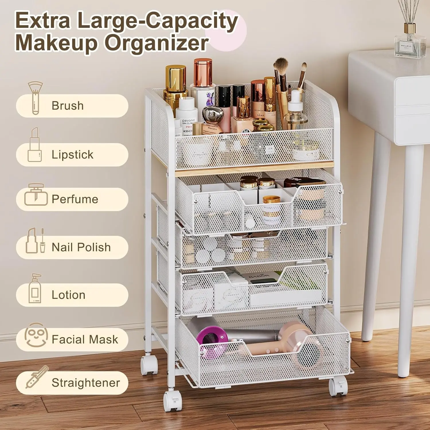 Cosmetic Cart Organizer, Multi-Layer Makeup Storage Box, Movable Beauty Cabinet, Bathroom Essentials Holder, Compact Design