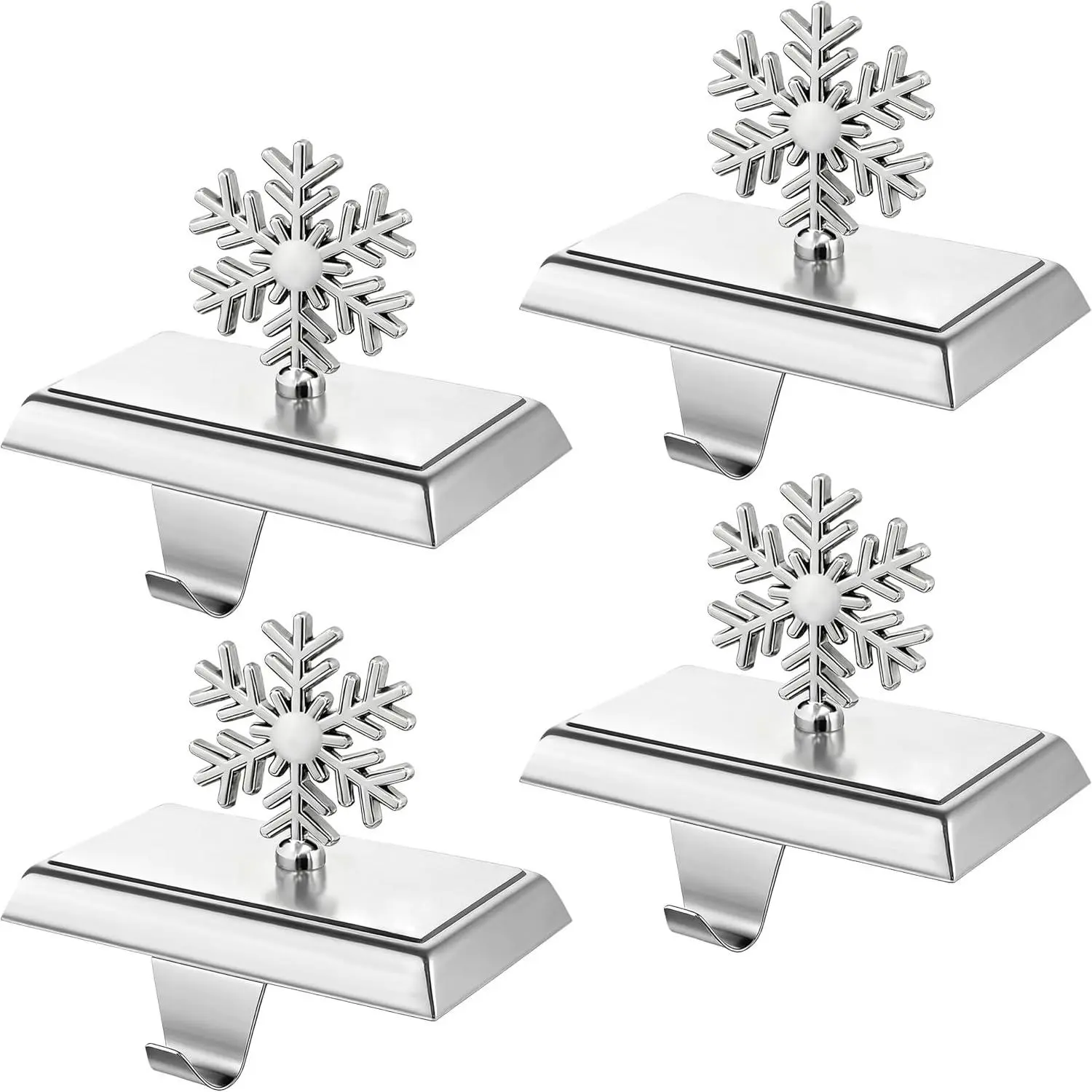 Set of 4 Metal Christmas Stocking Holders for Mantle,Heavy Duty Weighted Stocking Holders for Mantle,Silver 3D Snowflake Stocking Holder for Tables Window Fireplace Christmas Decorations