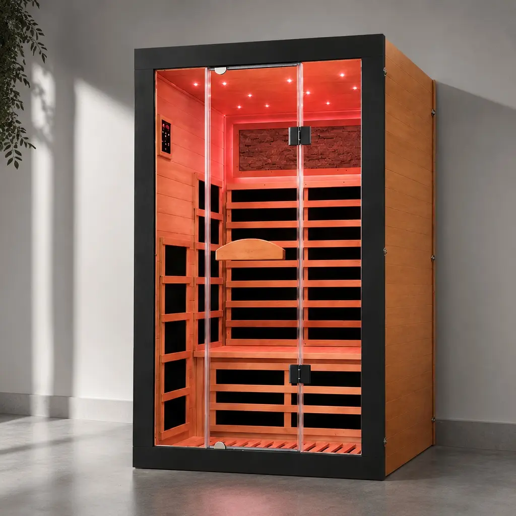 Double O'Guman Far Infrared Home Sauna Room - Okoume Wood Dry Sauna with Dual Bluetooth Speakers, Colorful Lights, Reading Light, 110V 2000W AC, American White Oak Finish, 74.8x47.3x47.3in