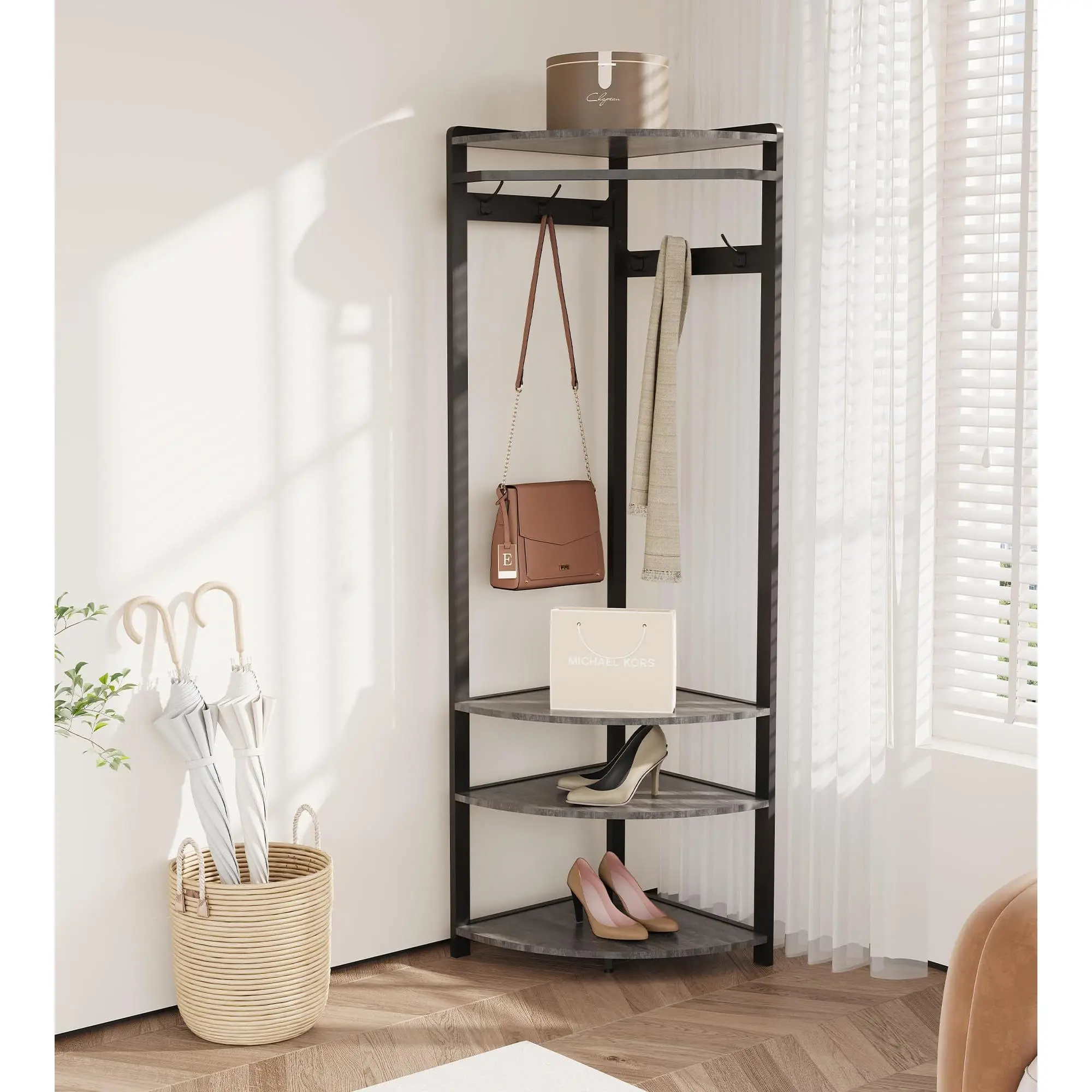 Garvee corner wardrobe with shoe bench entrance, corner hall tree with 6 double hooks, corner wardrobe with storage, corner tree with organizer, shoe bench, shelf for entrance, hallway, cabinet