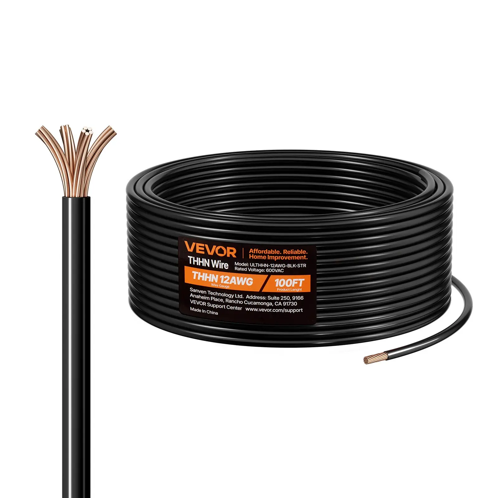 【DealsForYouDays】VEVOR 12 AWG THHN Wire, 19-Stranded, 100 OFC Copper Electrical Building Wire with Nylon Jacket, Rated for Up to 600 Volts, for Indoor Outdoor Use, Commercial, Industrial, Residential, Black (100 ft)