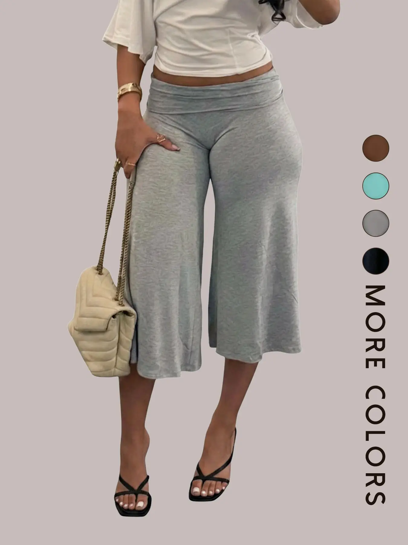 Women's Solid Color Knit Wide-Leg Capri Cropped Pants, Stretchy Mid-Waist Loose-Fit Bottoms, Casual Summer Pants for Leisure Activities, Comfortable and Stylish Clothes