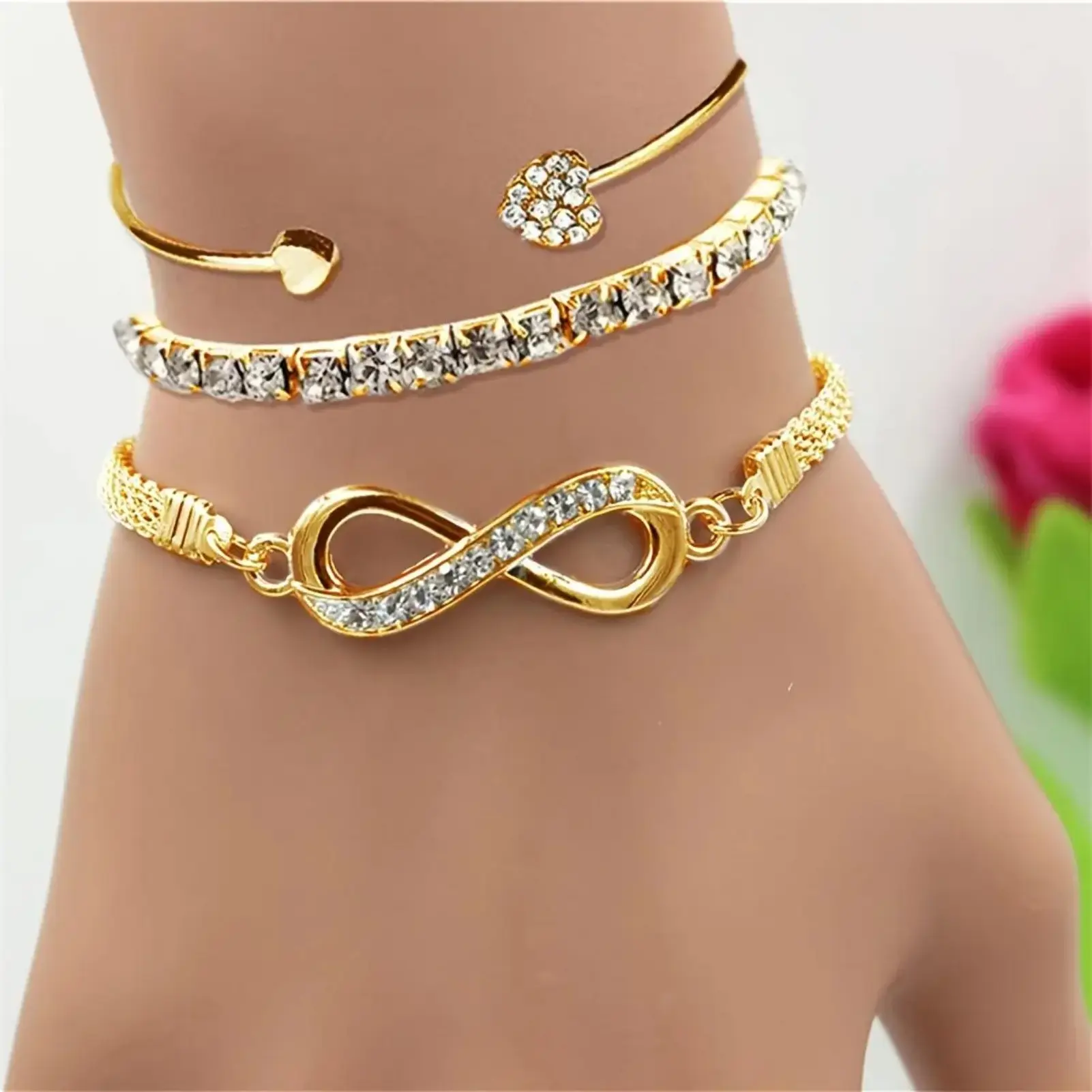 18K Gold Plated 3pcs Women’s Bracelet Set – Rhinestone Infinity Symbol, Tennis Chain & Open Bangle, Elegant Fashion Jewelry Set for Daily Wear, Party Styling & Gift for Girlfriend