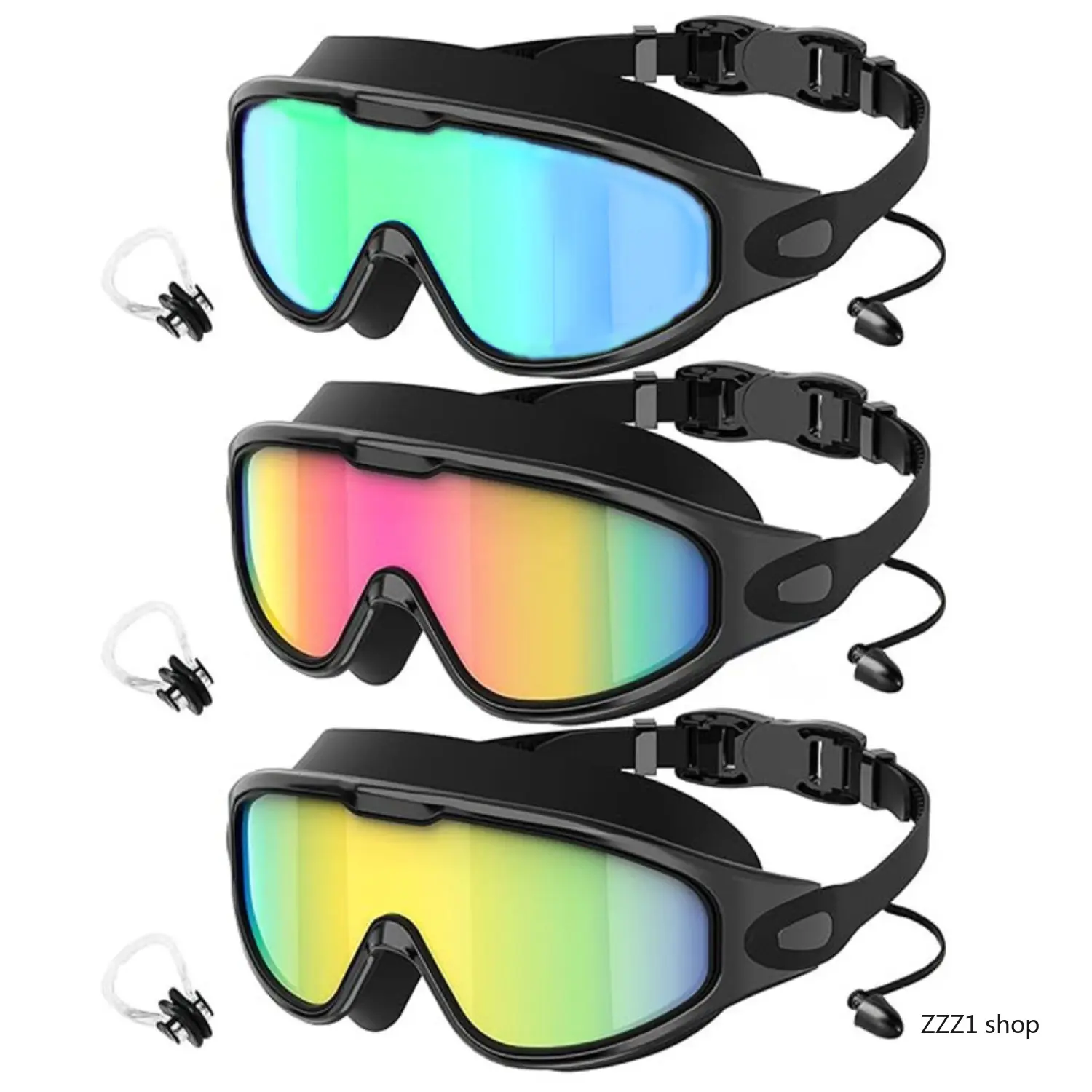3 Pack Swim Goggles with Nose Cover Earplugs, Leak-Proof Anti-Fog Adult Teens Swimming Glasses, Comfort Wide View for Pool Beach Open Water Sport