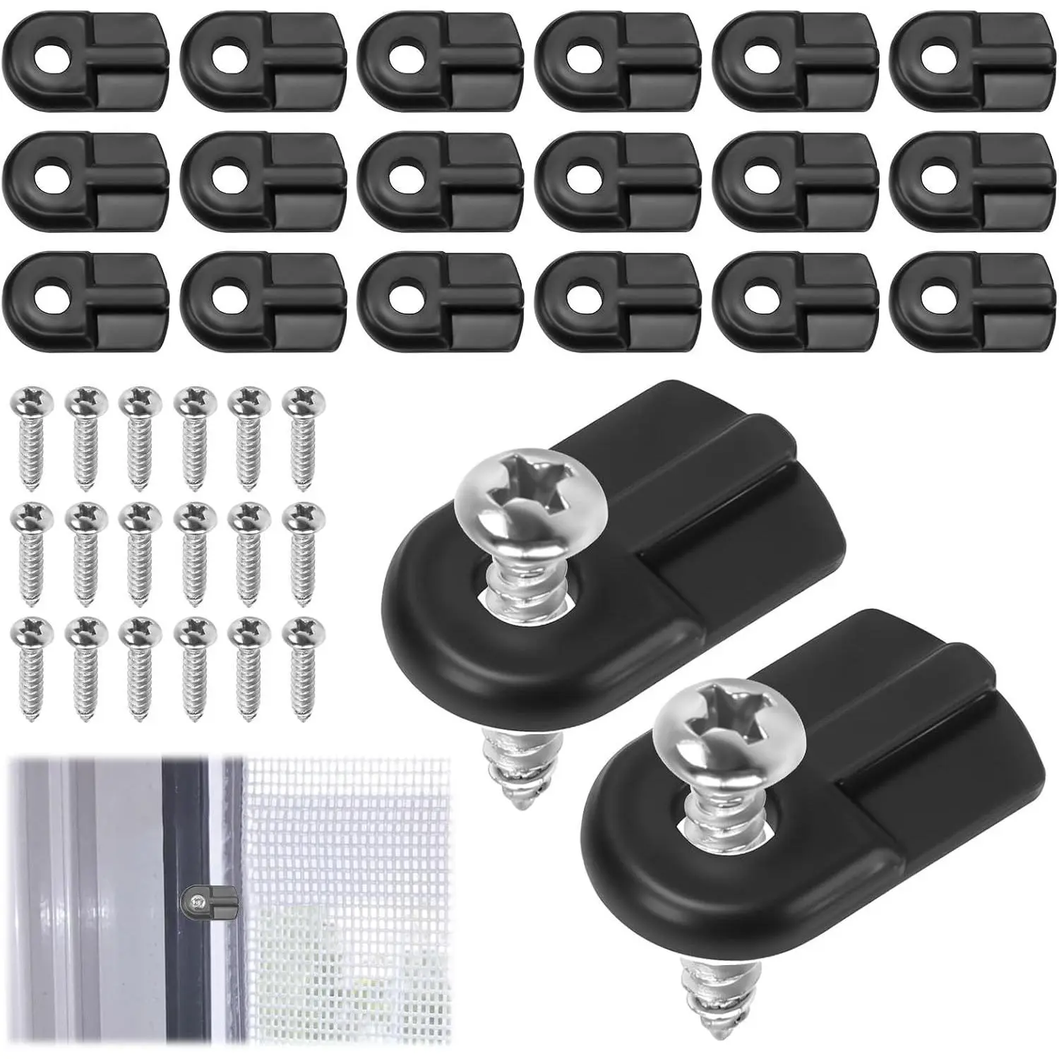 20 Pack Window Screen Clips, Flush Holder Clips, Storm Window Clips with Screws, for Securing Window Screens and Storm Windows, Black