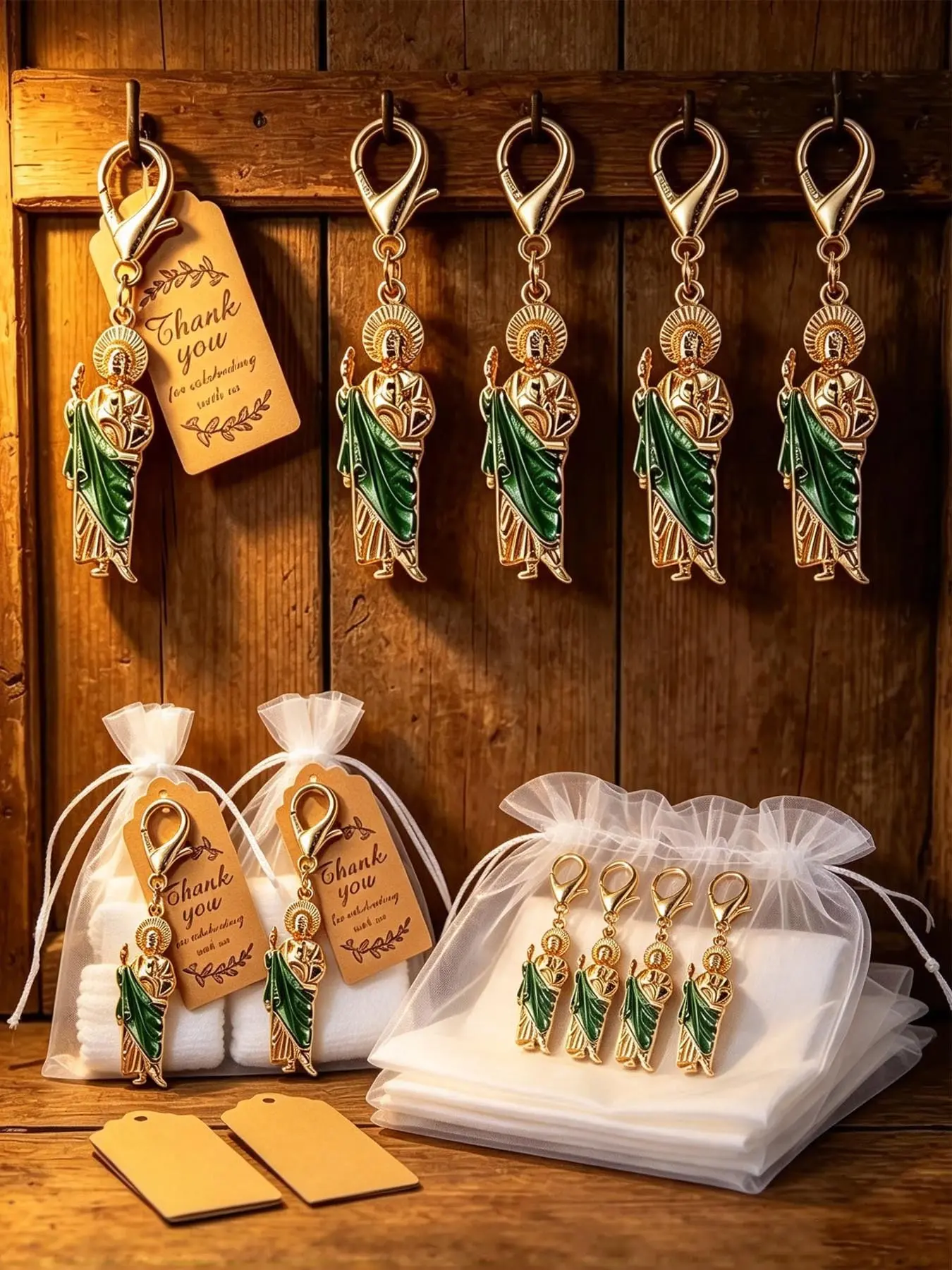 10 Sets St. Jude Pendant Keychains, Keychain Gift Pack with Drawstring Bags and Thank You Card, St. Jude Religious Gift for Baptism, Party and Religious Activities, Halloween Goodie Bags and Holiday Gifts