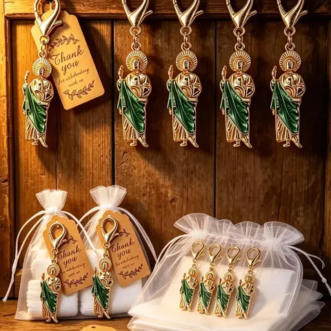 10 Sets St. Jude Pendant Keychains, Keychain Gift Pack with Drawstring Bags and Thank You Card, St. Jude Religious Gift for Baptism, Party and Religious Activities, Halloween Goodie Bags and Holiday Gifts