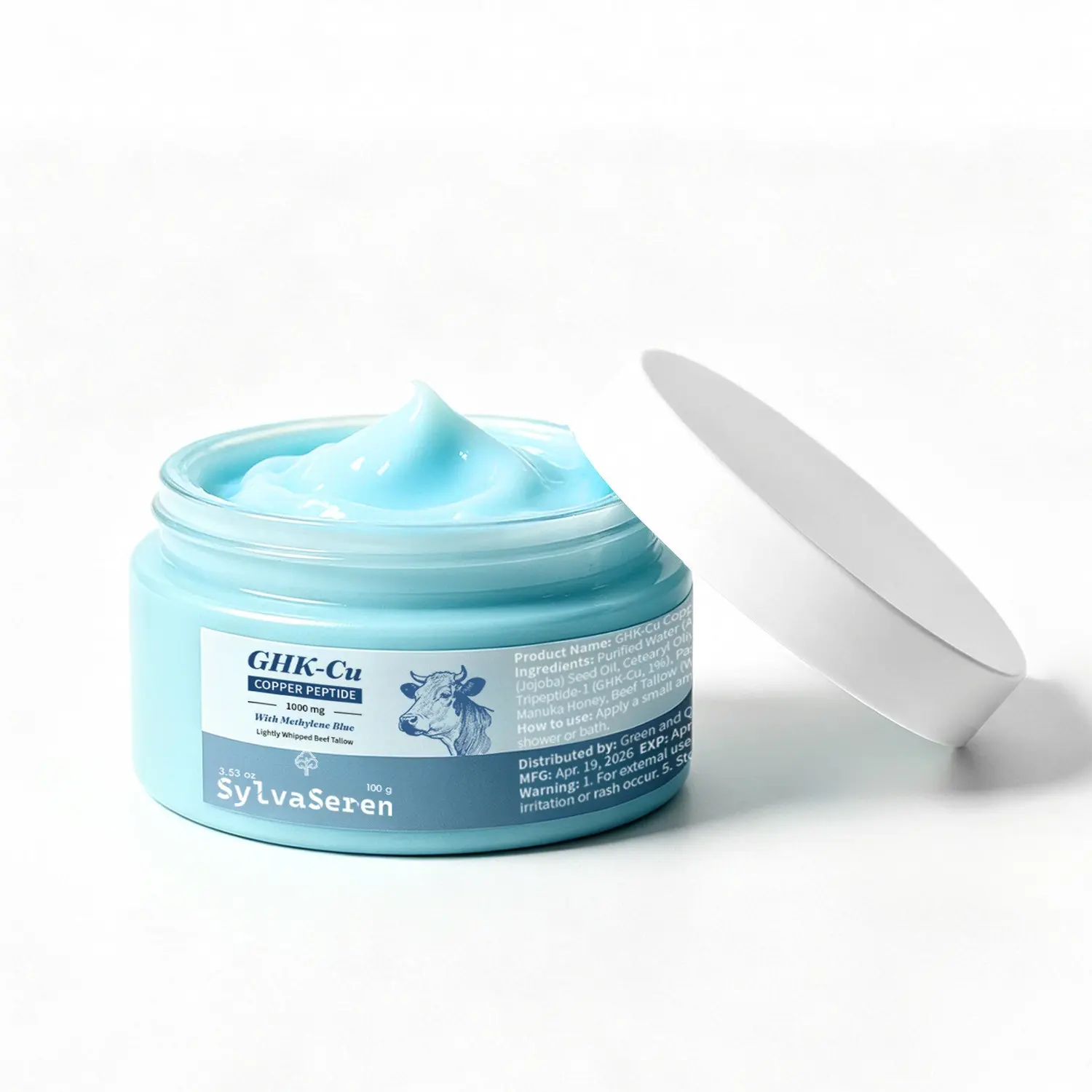GHK-Cu Peptide Cream for Face and Body with Whipped Beef Tallow, Methylene Blue, Manuka Honey & Hyaluronic Acid - Skin Care, Anti-Aging, Firming, Deep Hydration, Hydrating, Moisturizing, Lightweight Moisturizer - 100 g/3.53 oz