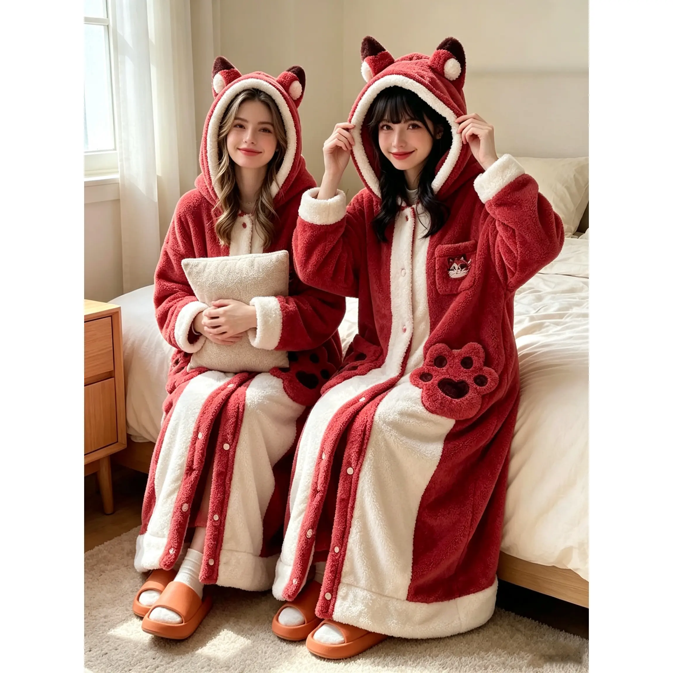 Women's Cartoon Fox Hooded Fleece Robe + Pajama pant set| Thick Coral Fleece Winter Sleepwear| Cute Long Plush Bathrobe for Home & Lounging