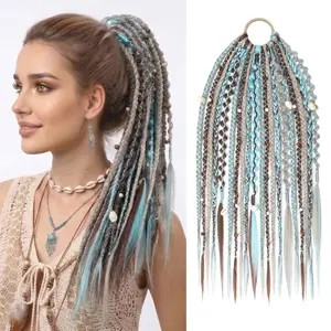 Boho Braided Ponytail Extension on Hair Tie, 16" Full Volume Lightweight Viking Dreadlock Ponytail Braid in Dreadlock Extensions with Beads and Shells, Festival Hair Accessories for Women Girls
