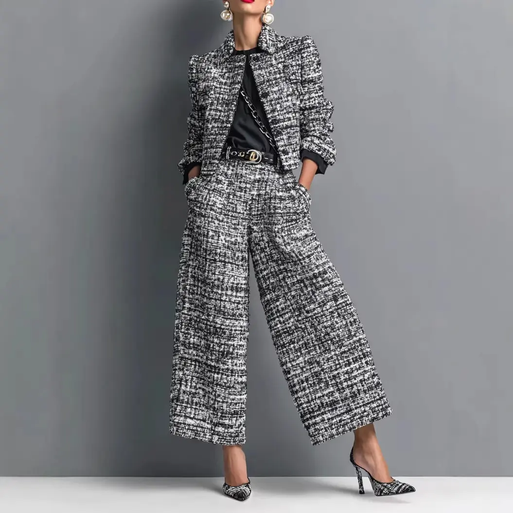 Women's 2-Piece Polyester Tweed Plaid Suit - Lapel Long Sleeve Cropped Blazer, Wide-Leg Pants Set, 2026 Elegant Office Business Outfit, Black, Dry Clean Compatible, Chic Womenswear