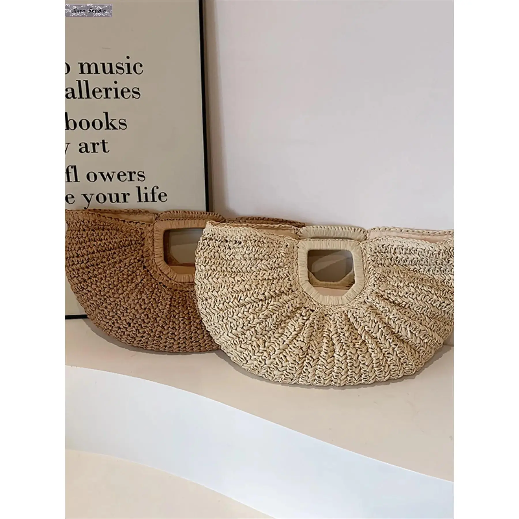 2026 New Bohemian Style Woven Bag, Ethnic Handbag, Fashion Bags, Simple Versatile Half Round Shape Beach Vacation Knit Bag