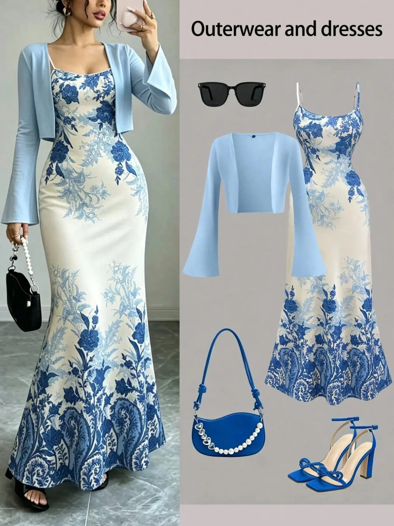Women's Two-Piece Set, Bell Sleeve Short Cardigan + Floral Halter Fish Tail Long Dress, Elegant Fitted Gown, Wedding Guest, Dress for Wedding, Vacation Wear