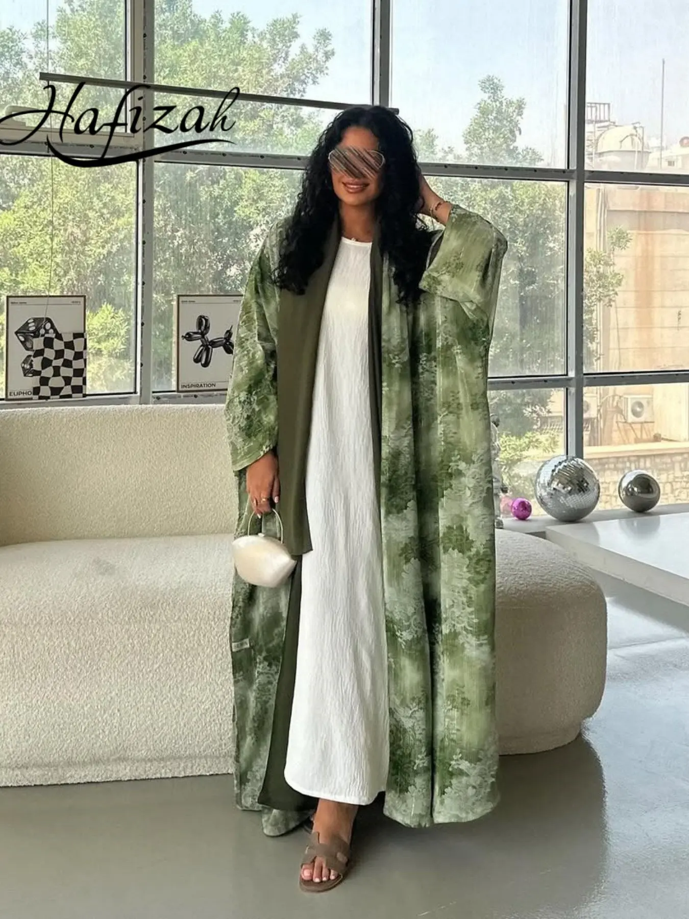 Hafizah Women’s 2-Piece Olive Floral Abaya Set, Wide Sleeve Loose Fit Maxi Kimono Robe, Dubai Style Islamic Clothing, Floral Print Abaya for Ramadan Eid