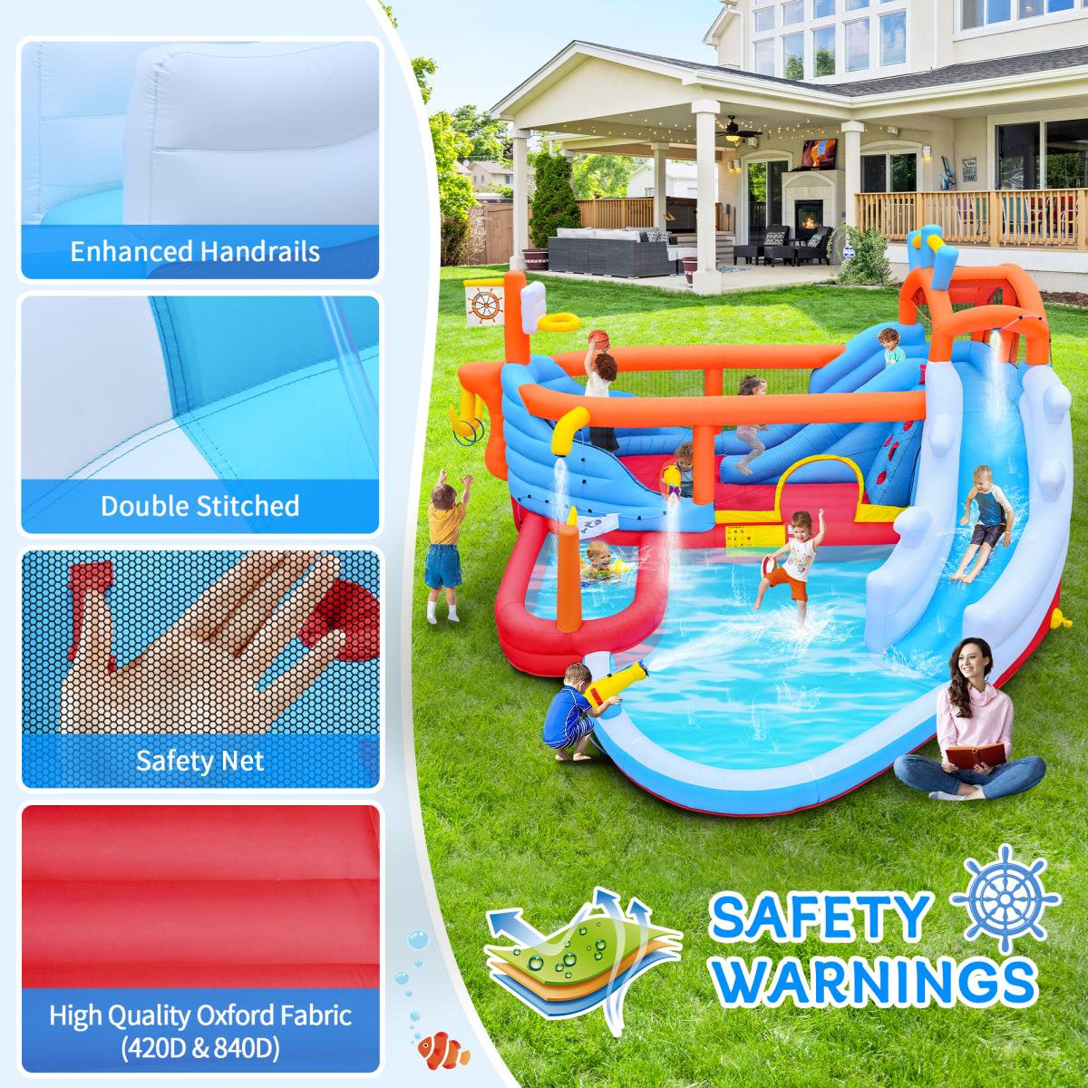 Aobtkel,9 in1 Inflatable slide water park bouncing house outdoor Soccer garden bouncer with Splash pool & Water gun & Climbing wall & Basketball & Football,Inflatable Water Slide With Air Blower, Inflatable Mighty Bounce, Mega Water Park Bouncy Cast