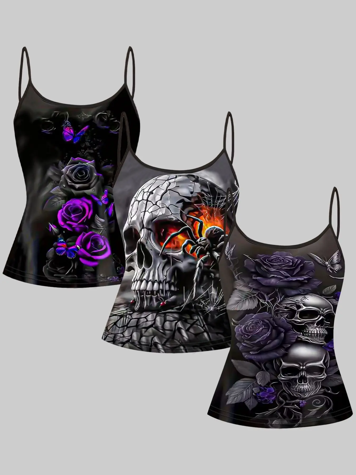 3-Pack Gothic Style Crop Tank Top Set, Dark Skull Rose Print, Spider Butterfly Design, Slim Fit, Sexy Innerwear for Women