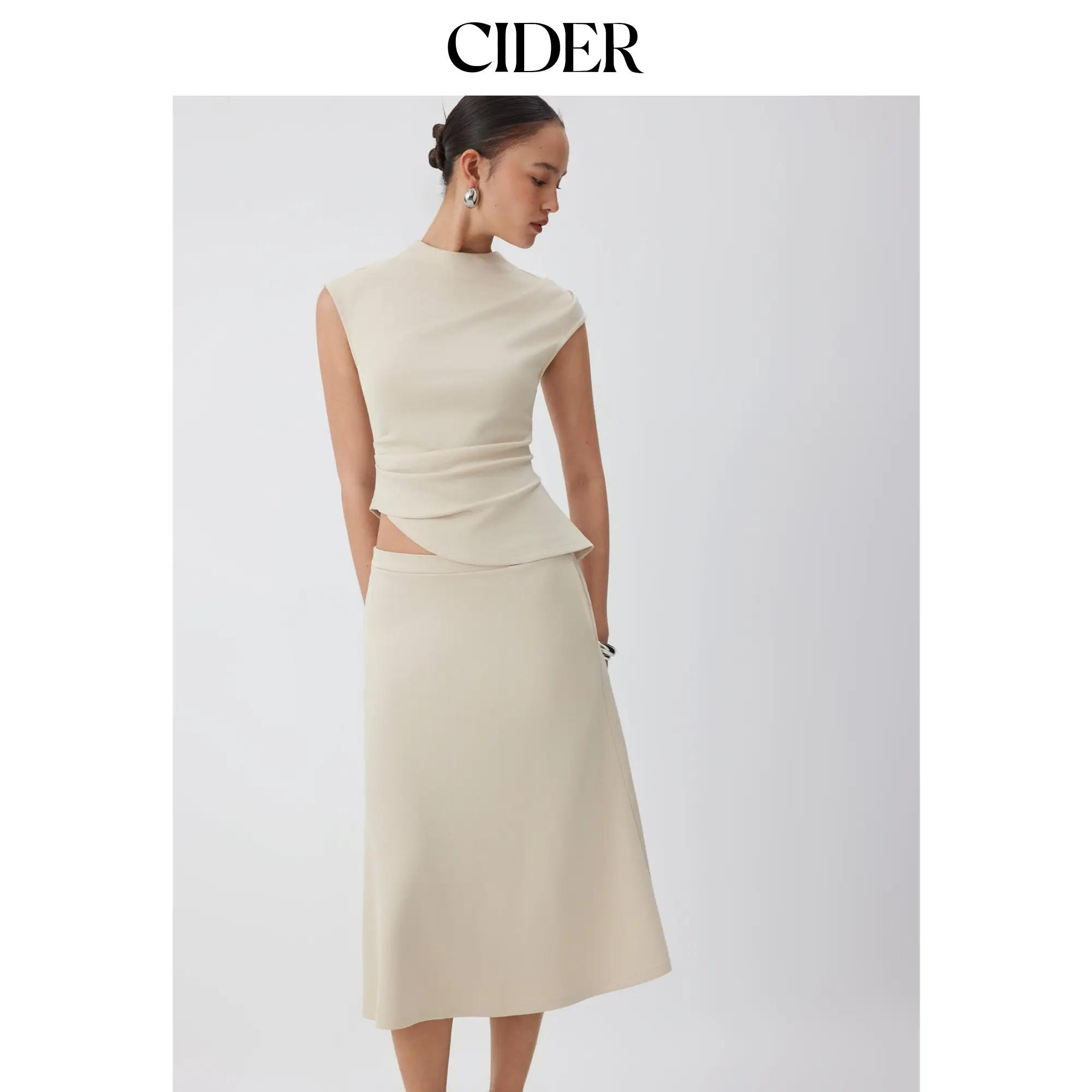 Cider Mock Neck Ruched Asymmetrical Hem Top & Mid Rise A-line Midi Skirt Set SohoChic