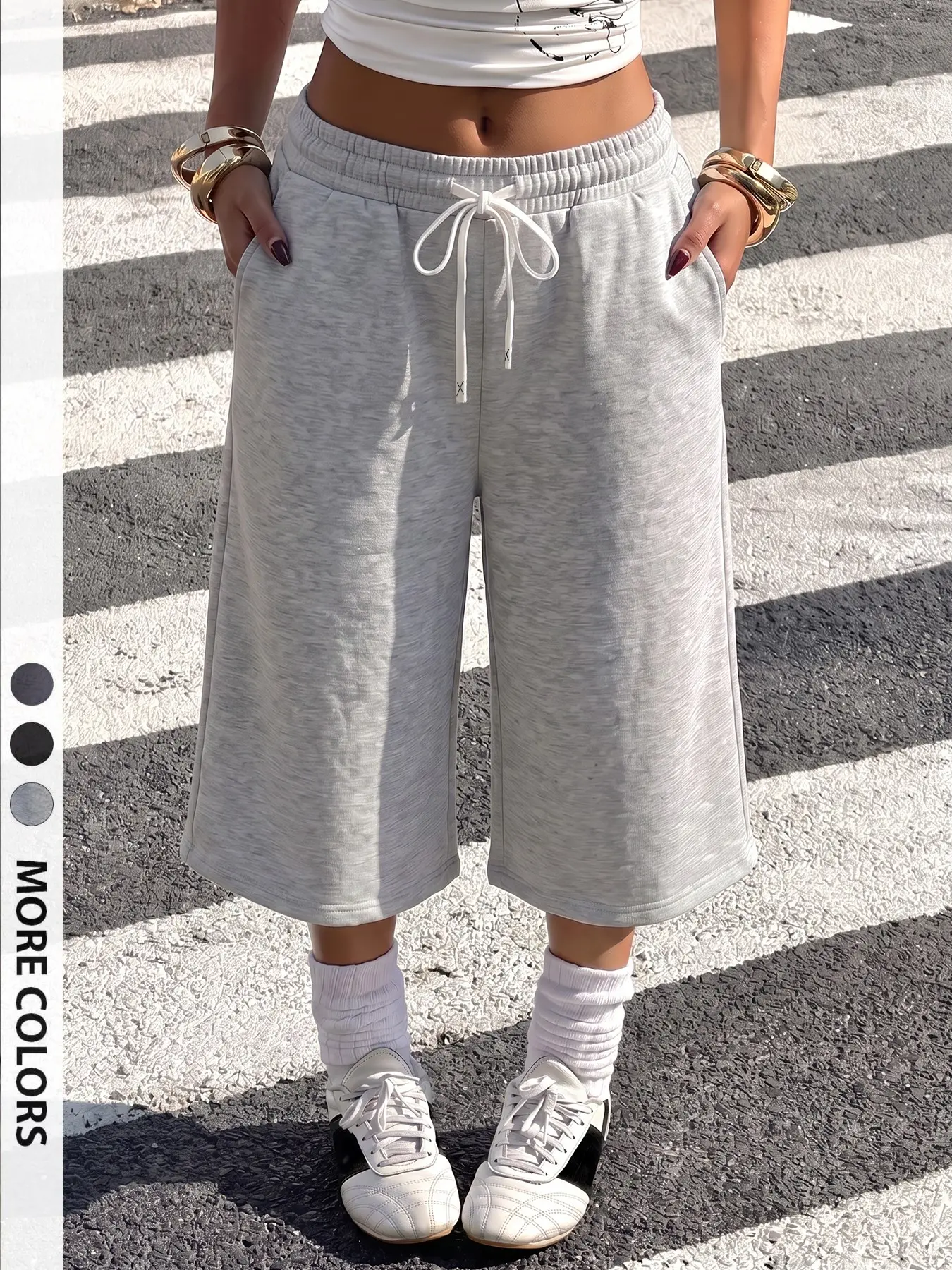 Women's Heather Gray Drawstring High Waist Wide Leg Capri Sweatpants, Soft Drape Relaxed Baggy Knee Length Trousers Casual Streetwear Pants For Summer Street Coffee Shop And Loungewear Outfit #springsaledeals2026 #loungepants #womensfashion #streetstyle