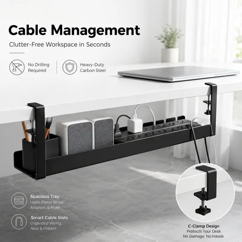 Drill-free Clamp-on Under-desk Cable Organizer, made of carbon steel, Hidden Cable Storage, Cord Storage. Neatly holds power strips and charging wires, perfect for cable management on office desks.