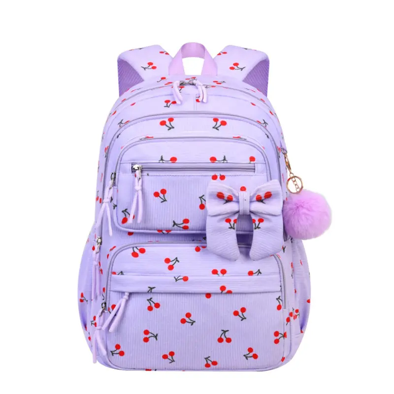 2026 Viral Coquette Corduroy Backpack for Teen Girls Cute Cherry Print Large Capacity Lightweight Laptop School Bookbag with Bow Pom Pom Charm, Kawaii Soft Girl Aesthetic Backpack for Back to School Travel Cottagecore OOTD
