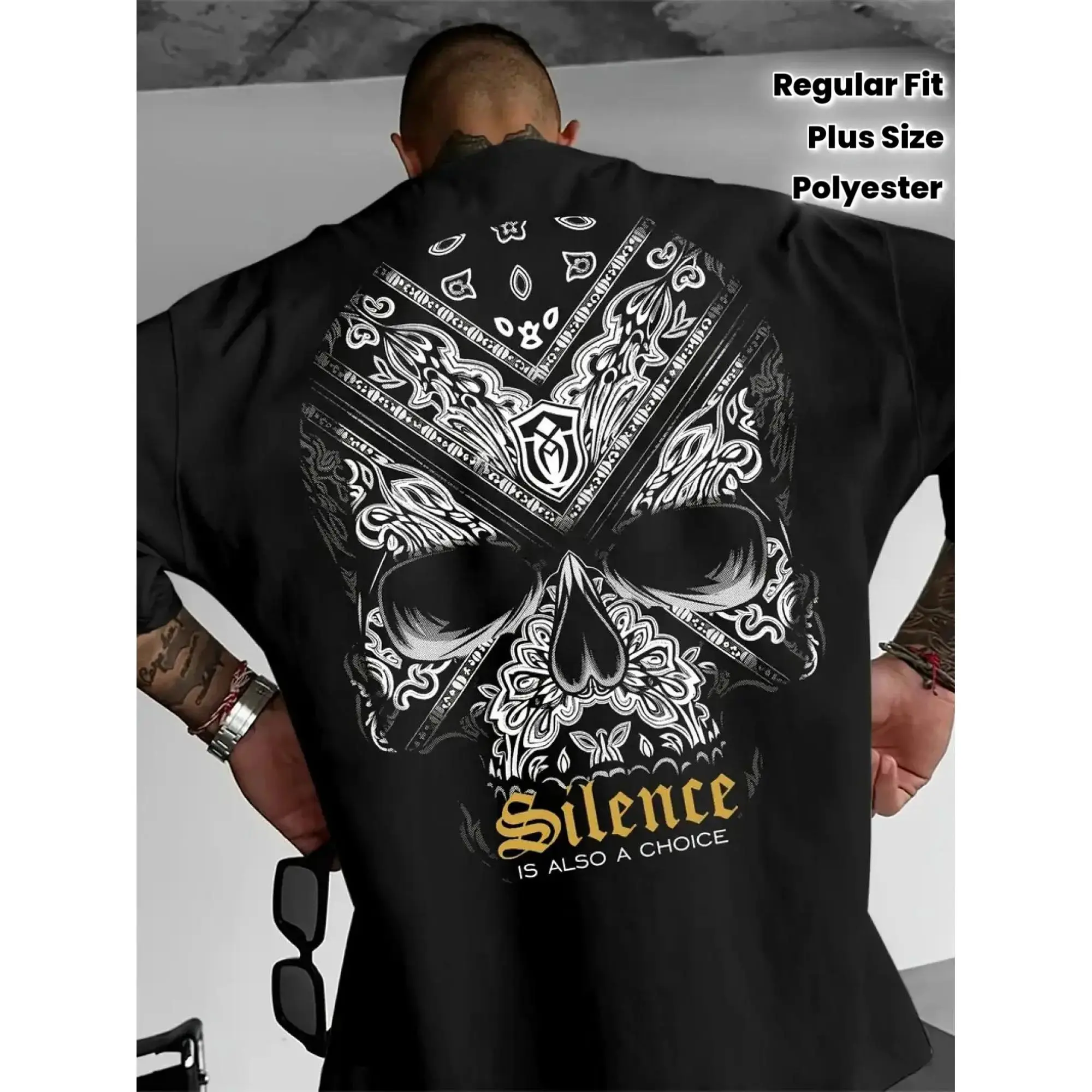 Women's Plus Size Round Neck Graphic T-Shirt - Gothic Celtic Knot Paisley Tattoo Print, "Silence is Also an Option" Slogan, Black White, Soft Polyester, Short Sleeve, Regular Fit, Streetwear Casual Back Print Top, Graphic T Shirts, Stylish, Classic, Comfy
