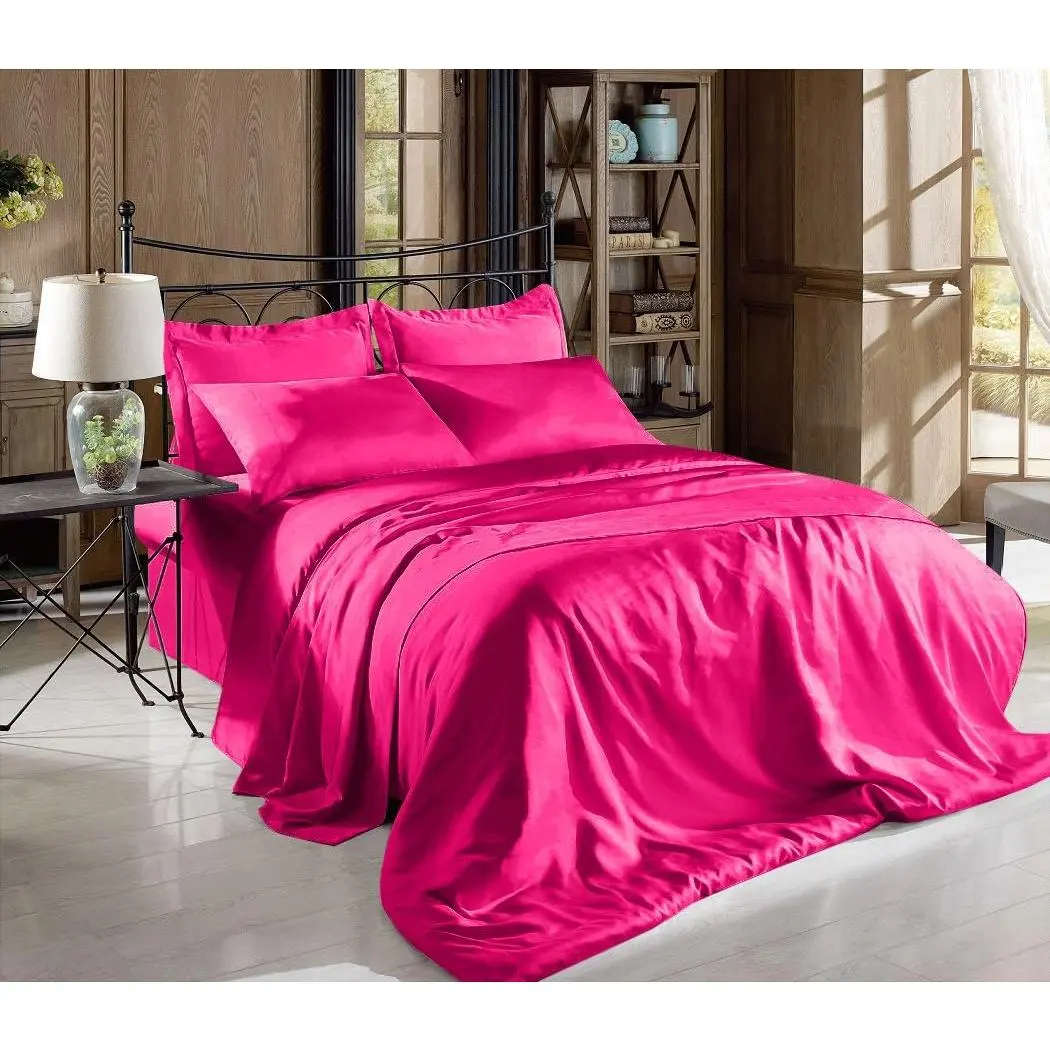 Solid Hot Pink High-Count Polyester Charmeuse Queen Size Bedding Sheet Set - 4-Piece, Breathable, Luxury, Ideal for Bedroom Decor