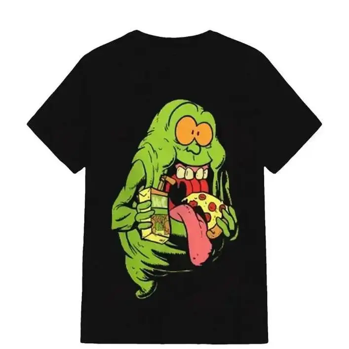 Unisex Slimer Ghostbusters Graphic Short-Sleeve Top, Retro Black Crew Neck Tee with Pizza Juice Cartoon Ghost Print, Casual Streetwear for Movie Comedy Enthusiasts, Soft Gift for Thanksgiving Graduation, Shortsleeve