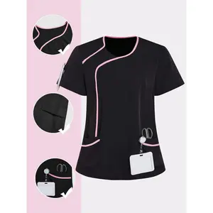 Women's Color-block Trim Short-sleeve Top, Surgical Scrubs, Women's V-neck Multi-pocket Work Uniform Jacket YS25-0204