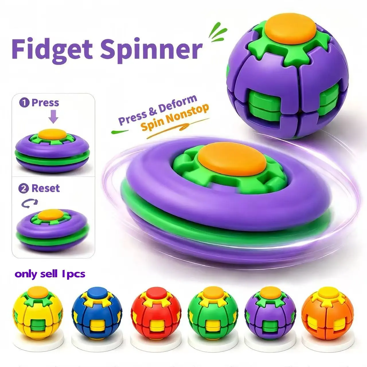 Press-to-Spin Transforming Fidget Ball, Smooth Spinning Sensory Gyro Toy, Stress Relief Desk Gadget, Anxiety Relief Fidget Spinner, ADHD Focus Aid, Portable Handheld Fidget Gyro Toy for Teens and Adults