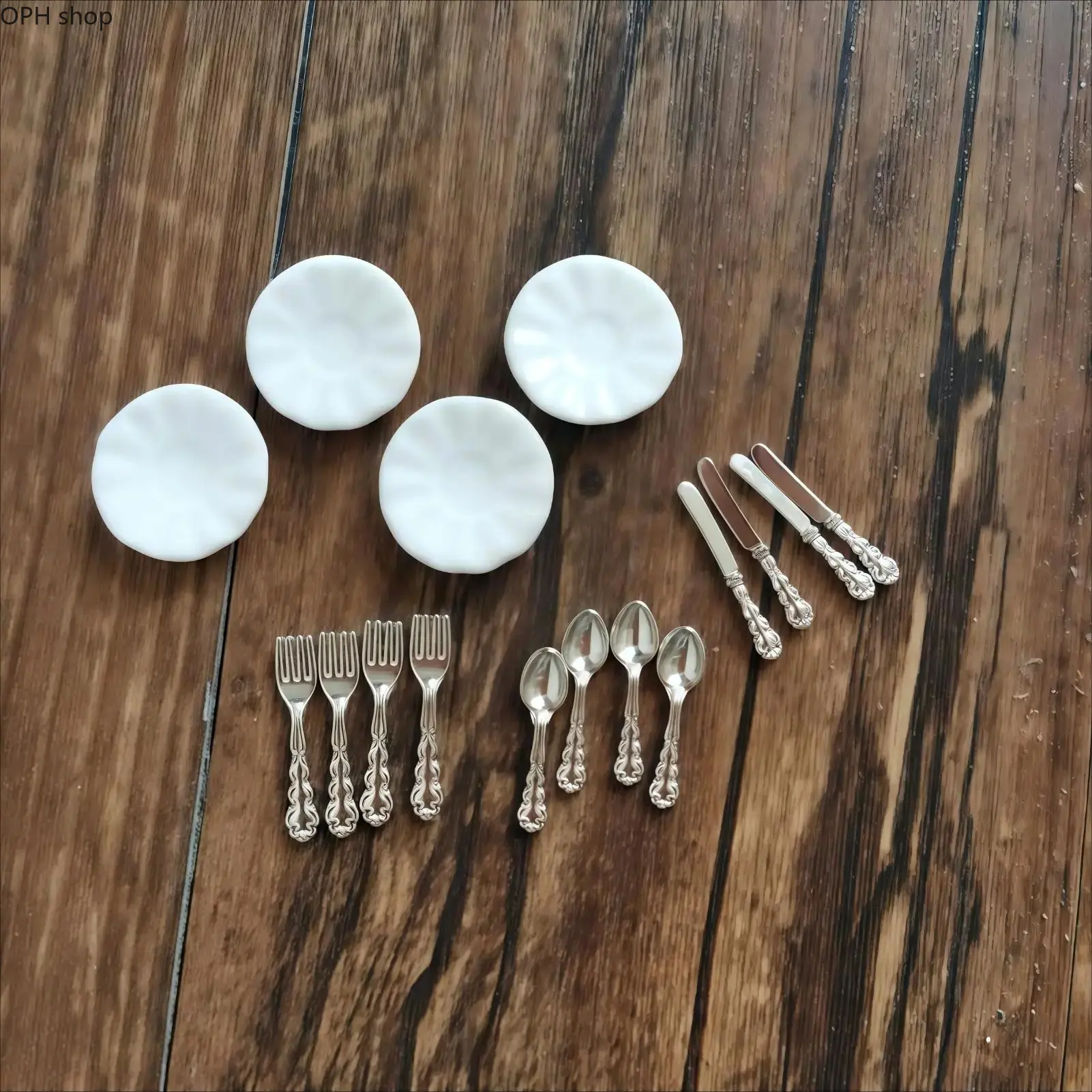 16Pcs 1:12 Dollhouse Miniature Cutlery & Plate Set - Metal Fork, Spoon, Knife, Resin Plates, Mini Kitchen Dining Display Accessories, Non-Food Contact