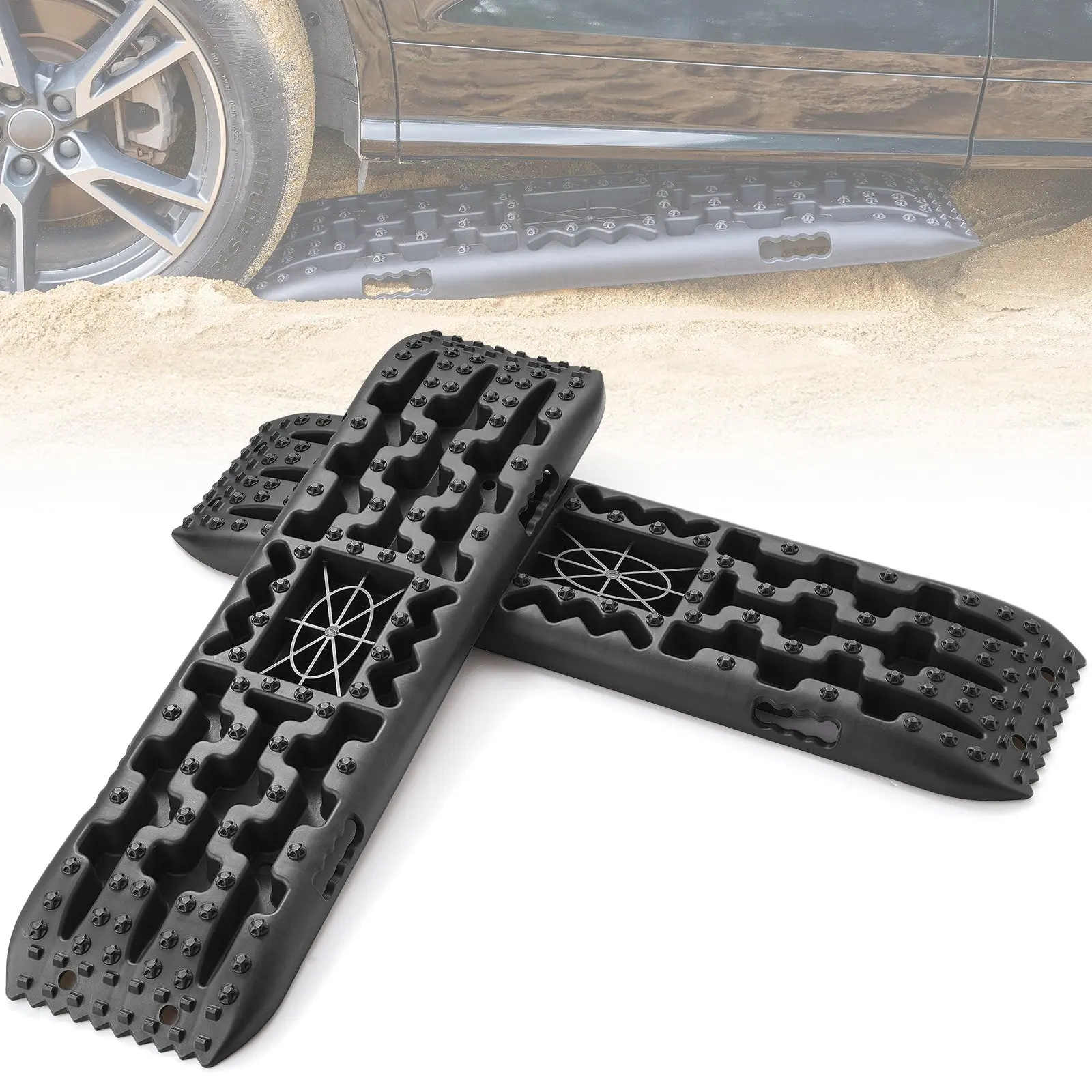 VEVOR 10 TON Traction Boards with PP Material, Recovery Boards for Off-road Vehicles/Cars/Pickups/SUVs/RVs, Pair Tire Traction Mats on Snow, Sand, Mud and Loose Terrain, Storage Bag, Long, Black