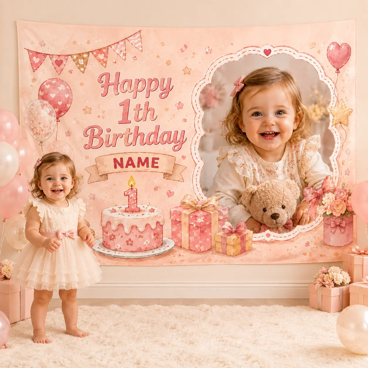 Personalized Blush Pink First Birthday Backdrop, Teddy Bear Floral Custom Photo Name Banner, Baby Cake Smash Party Decor
