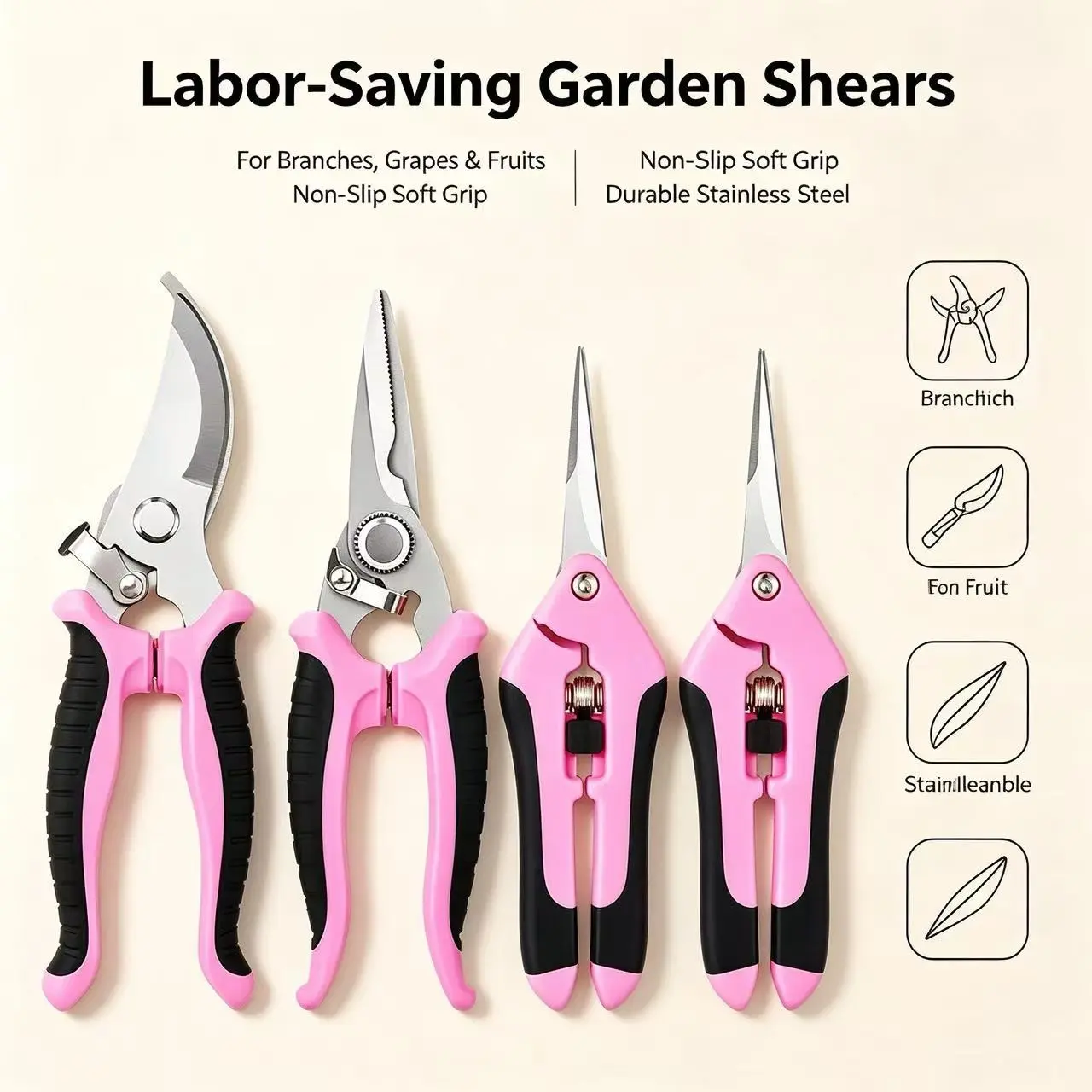 4-Piece Pruning Shears Set, Stainless Steel Gardening Tools, Fruit Harvesting Scissors, Non-Slip Manual Branch Clippers, Garden Essentials