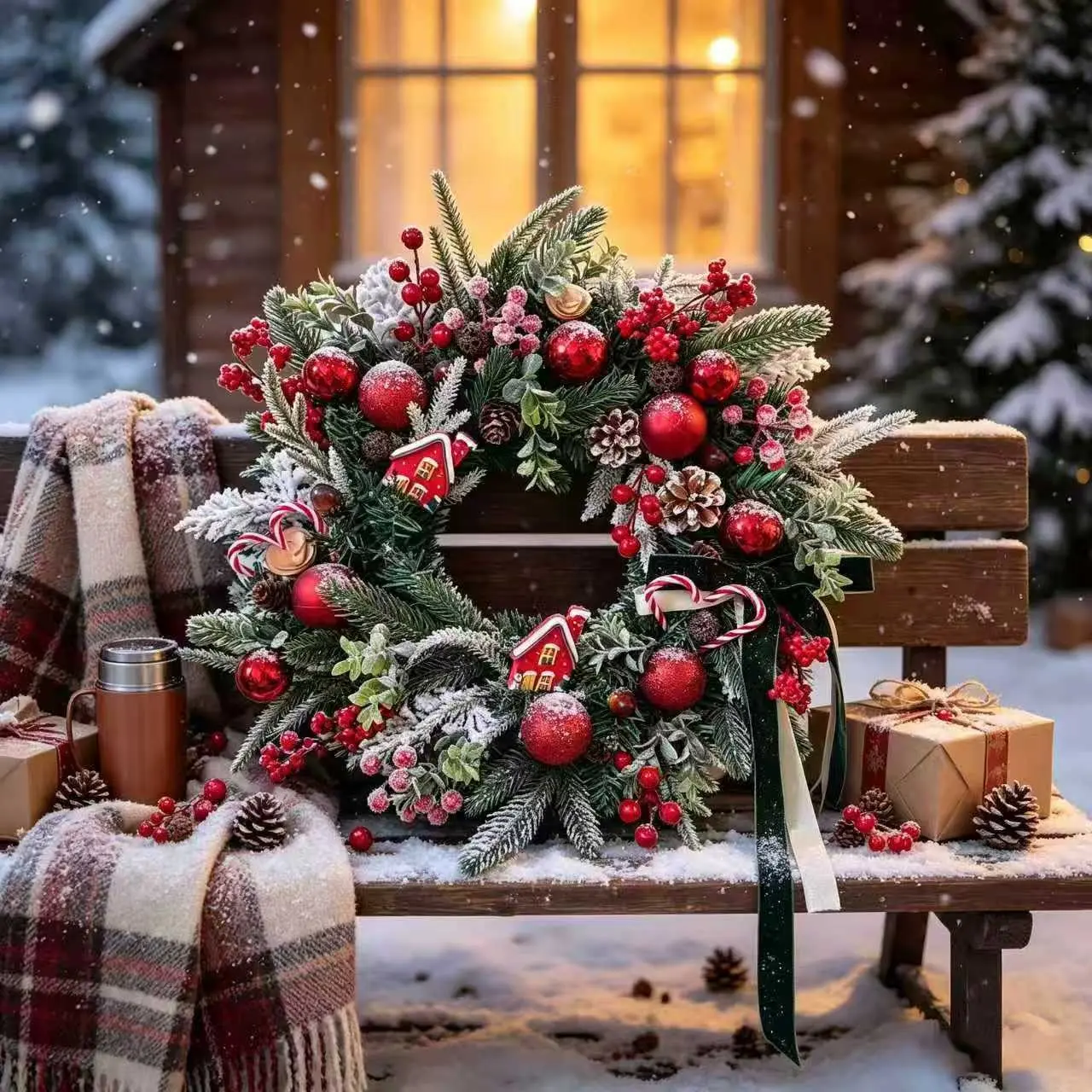 Christmas Fireplace Wreath with Mini House, Candy Cane, Berries, and Ornaments, Artificial Holiday Decor for Porch, Entryway, Wall, Fireplace