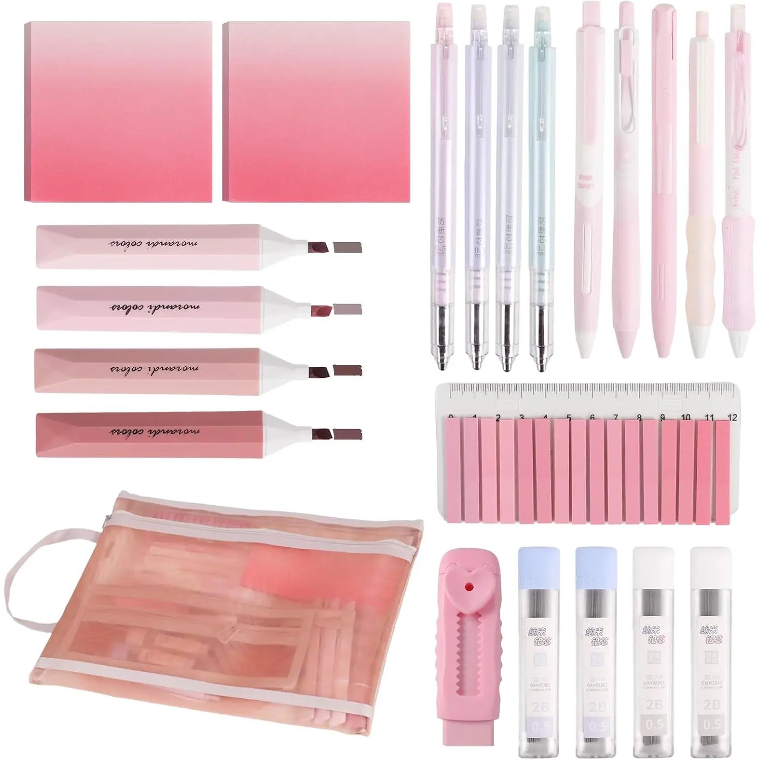 Gradient Glitter Aesthetic Stationery Set for Students - Office Writing Tools Kit with 0.5mm Mechanical Pencils, Gel Pens, Highlighters, Sticky Notes, Eraser, Pouch, Folder