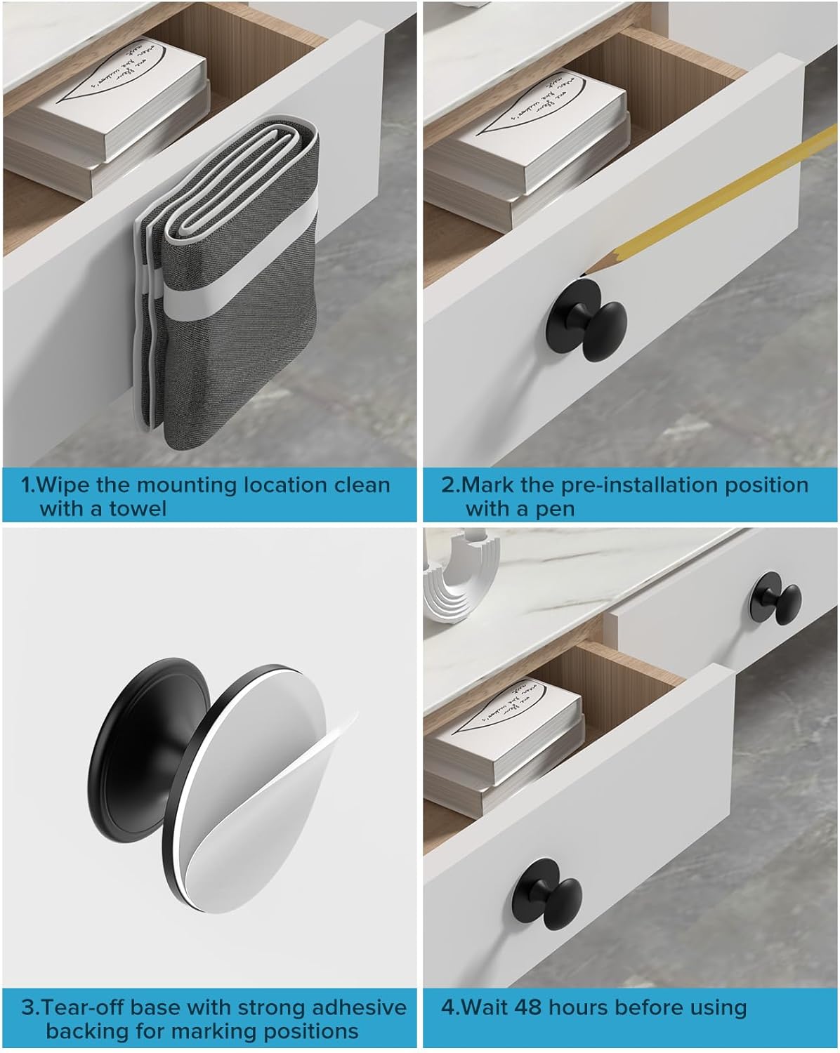 5 Pack Black Self-Adhesive Cabinet Knobs, Self-Stick Hardware Kitchen Cabinet Handles, No-Punch Peel and Stick Drawer Knobs for Refrigerators, Dressers, Windows, Closets