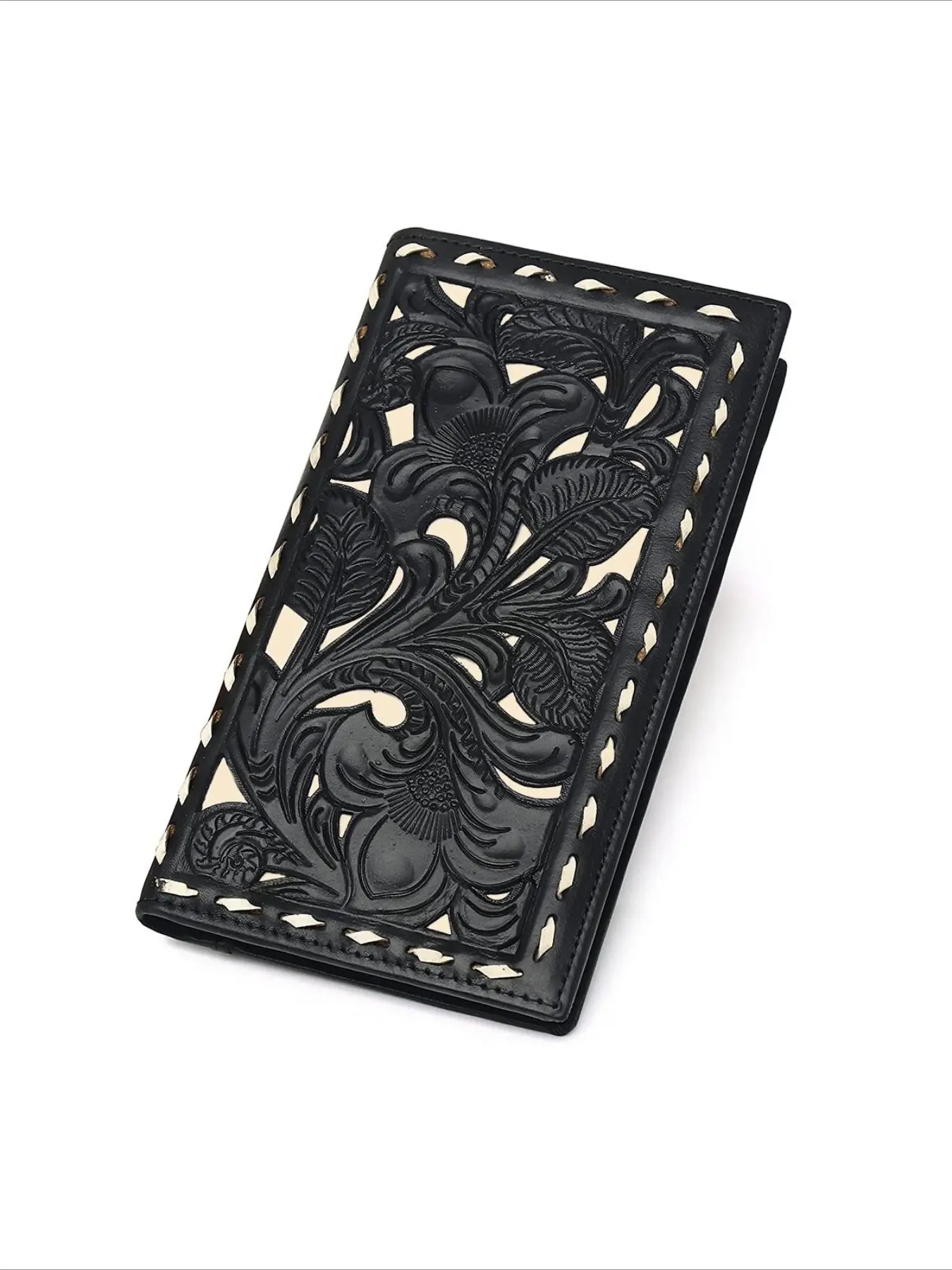Western Cowboy Cowgirl Floral Embossed Genuine Leather Wallets Checkbook Wallet For Men western cowhide wallet