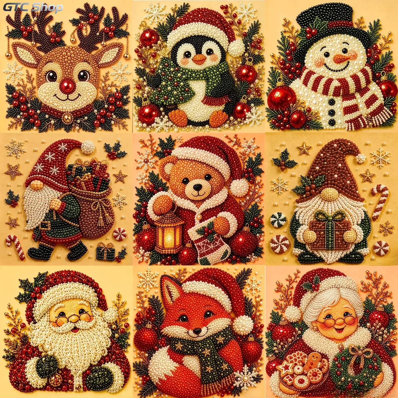 5D Christmas Pearl Diamond Art Kit (10x10 in) - DIY Craft with Holiday Motifs, Wall Decor, Winter Party Gift for Adults (Frame Not Included, Motifs: Reindeer, Santa, Snowman, Gnome, Fox)