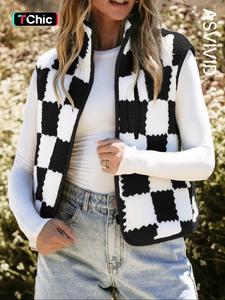women's plaid print zipper plush vest, casual sleeveless stand collar outerwear for fall & winter, ladies clothes for daily wear